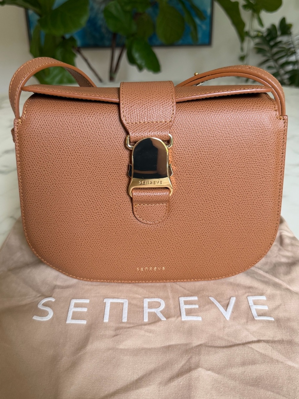 Senreve Cadence Crossbody Shoulder Bag Chestnut Tan Brown Pebbled Leather & Gold
